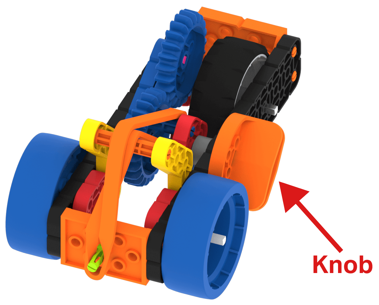 Diagram över VEX GO superbilen med en etikett som pekar mot knoppdelen som ingår i bygget, som gör att gummibandsdelen kan lindas upp.