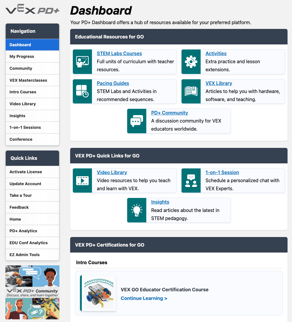 Das PD+ Dashboard zeigt links die Website-Navigation und rechts Links zu Bildungsressourcen für VEX GO, darunter STEM-Labore, Aktivitäten, Zeitpläne, die VEX-Bibliothek und die PD+ Community. Darunter befinden sich Schnelllinks für GO zur Videobibliothek, 1-on-1-Sitzungen und Einblicke. Am unteren Rand der Seite werden die GO-Zertifizierungen des Benutzers angezeigt.
