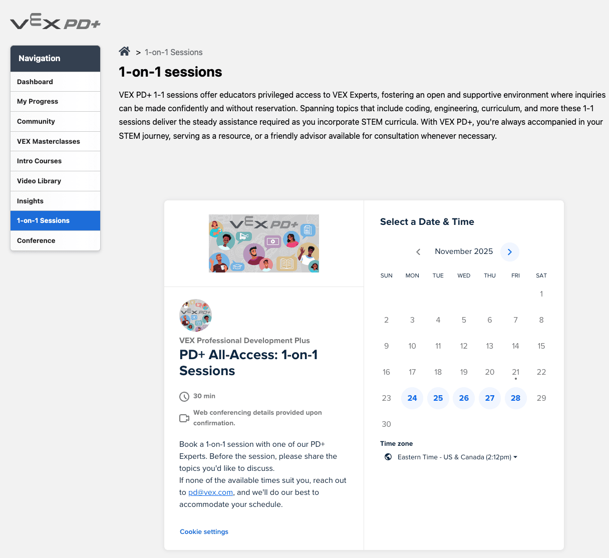 Anmälningssida för VEX PD+ 1-mot-1-session med en kalender för att välja datum och tid för en session.
