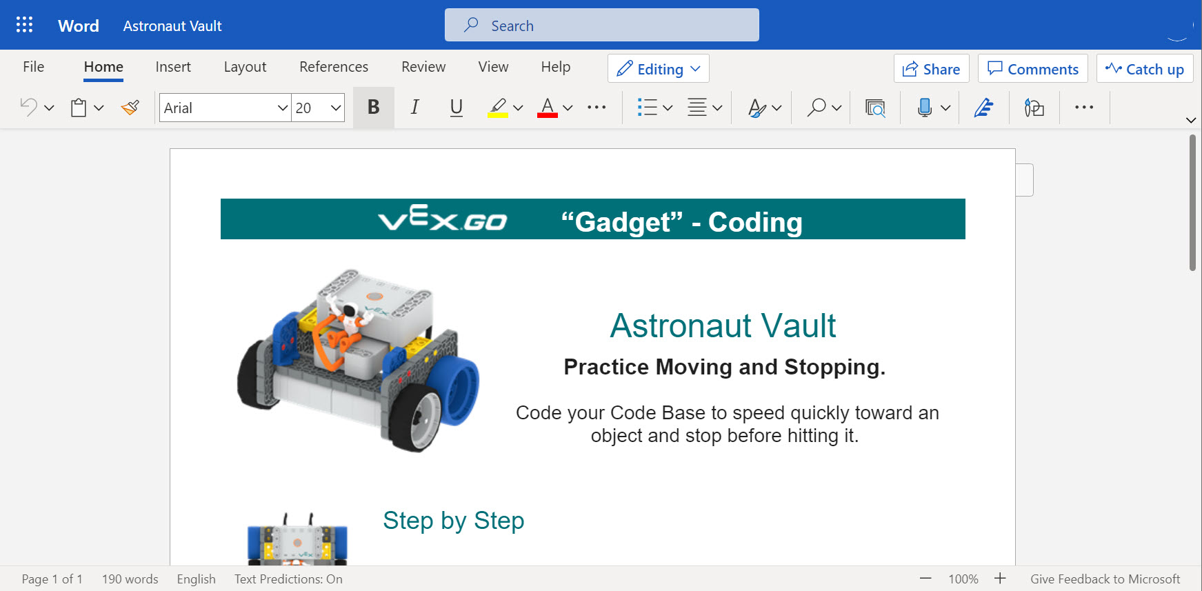 Skärmdump av en GO-aktivitet som laddats ner som en .docx-fil och öppnats i Microsoft Word, vilket visar att dokumentet kan redigeras efter nedladdning.