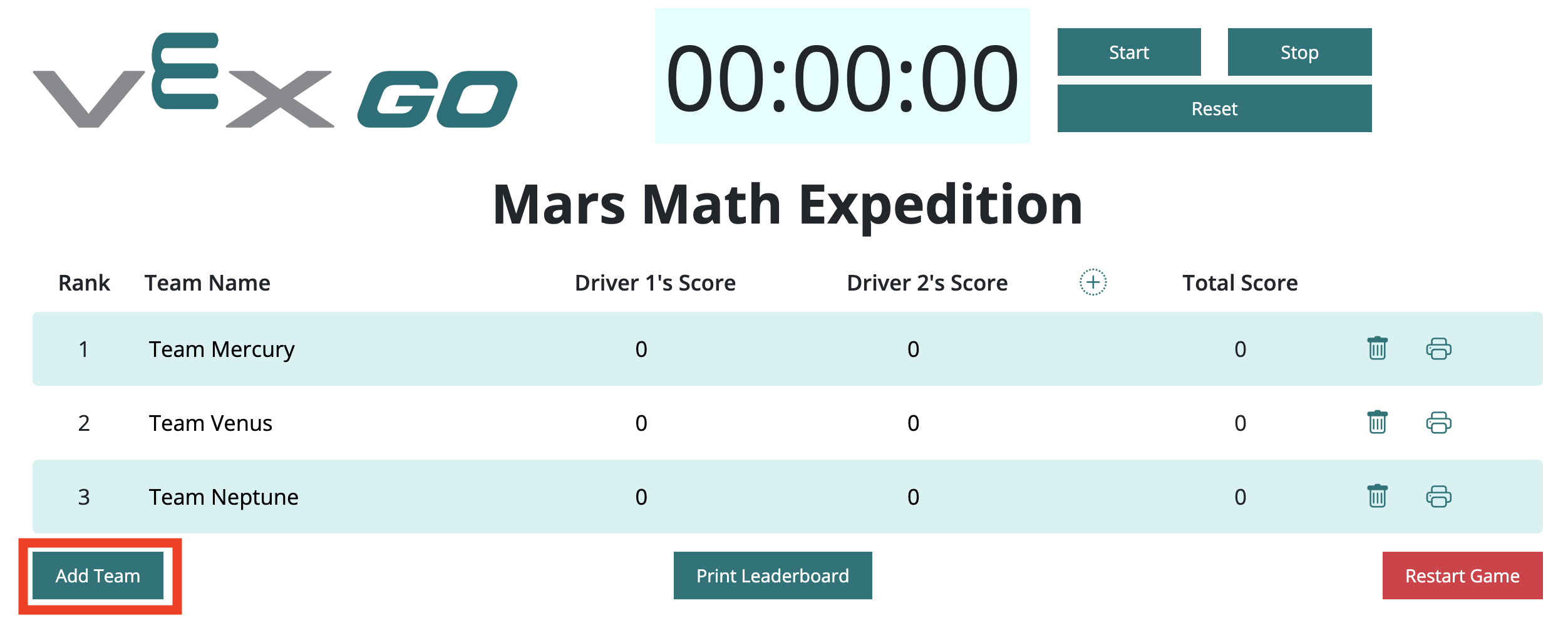 VEX GO-topplistan med knappen Lägg till lag markerad i det nedre vänstra hörnet.