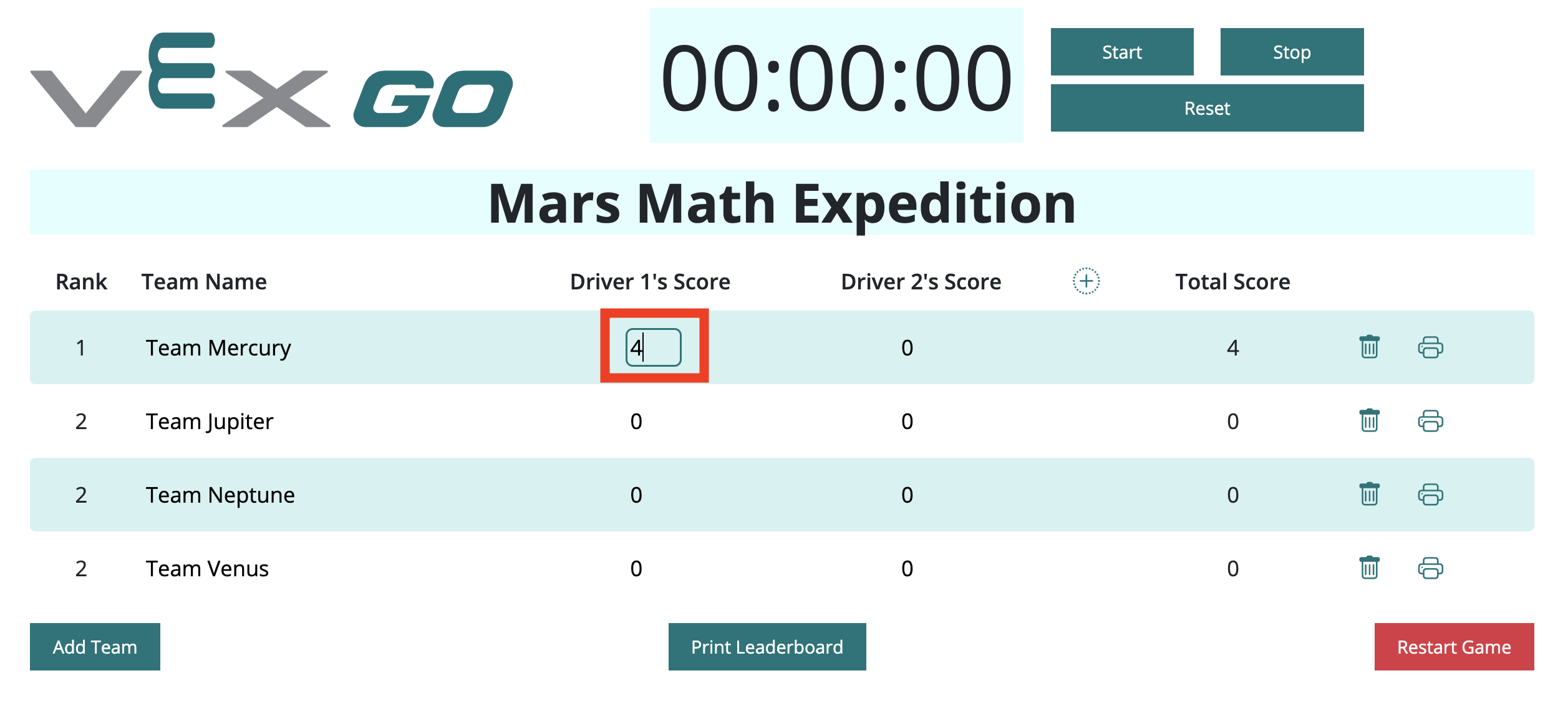 VEX GO-topplista med en specifik poäng vald och markerad, vilket visar att poängen kan redigeras.