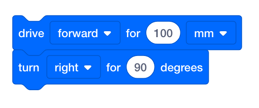 VEXcode GO Drive för stackblock med en Turn for stackblock fäst under.