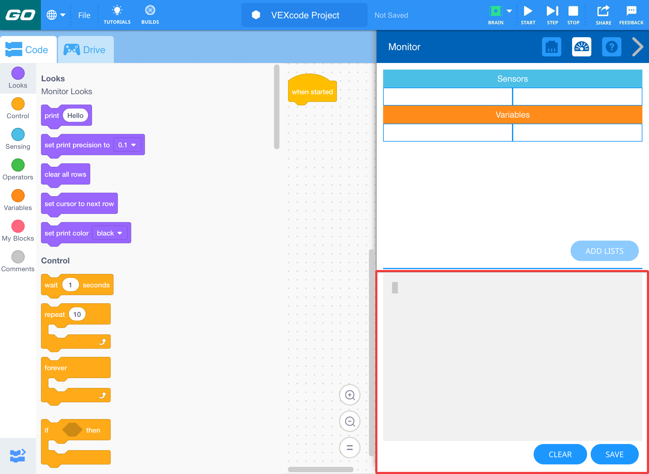 Bildskärmsmenyn öppen med utskriftskonsolen nedan markerad.