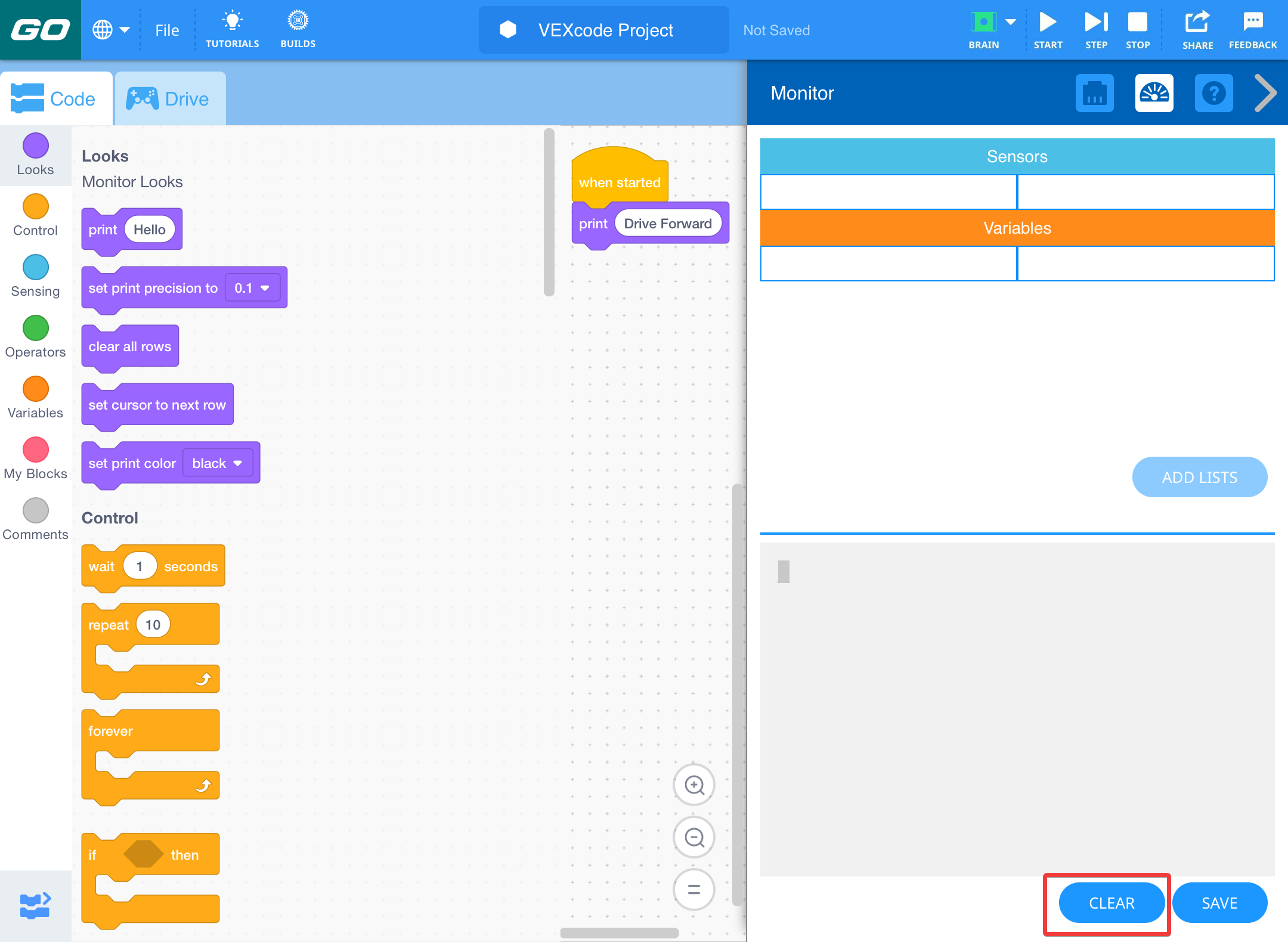 Print Console-menyn är öppen med knappen Rensa markerad nedan.