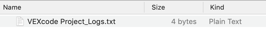 Textfilen med namnet 'VEXcode Project Logs.txt' visas nedladdad till användarens enhet.