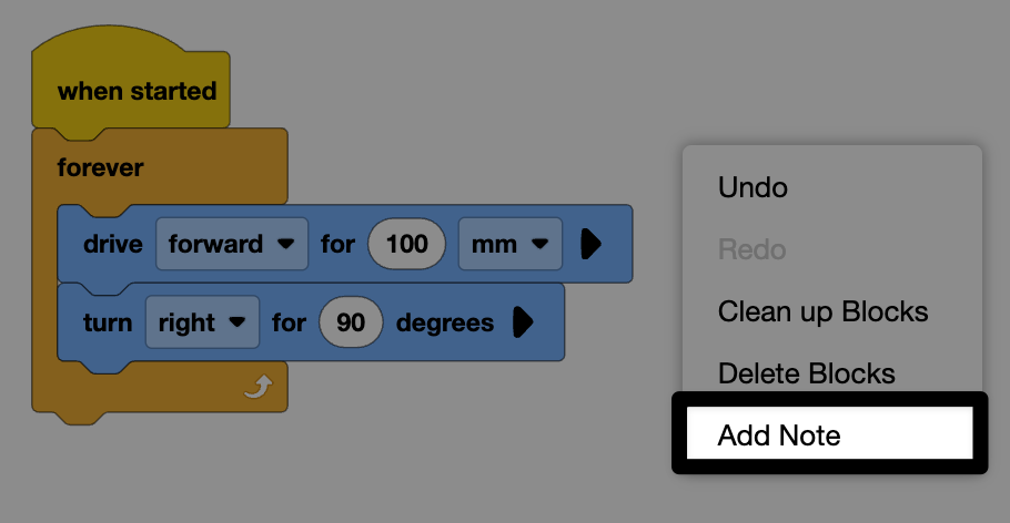 ملعب VEXcode GO مع خيار إضافة ملاحظة مميزة. إنه الخيار الرابع بعد التراجع وإعادة وتنظيف الكتل وحذف الكتل.