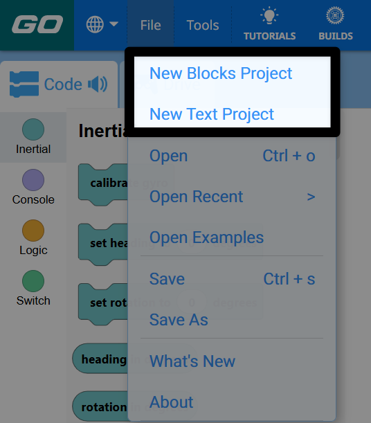 VEXcode GO Dateimenü, wobei die ersten beiden Optionen hervorgehoben sind. Diese Optionen sind „Neues Blockprojekt“ und „Neues Textprojekt“.