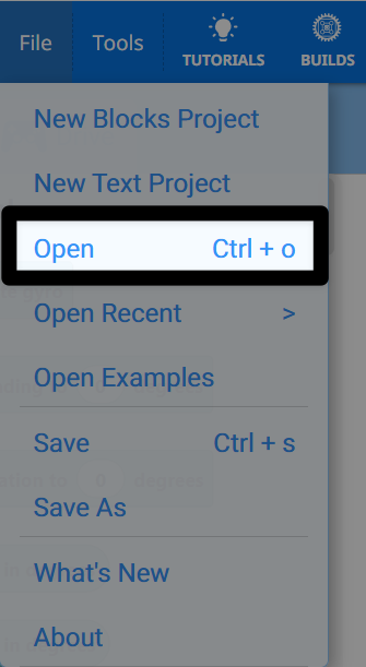 Menu Fichier avec l'option Ouvrir sélectionnée.