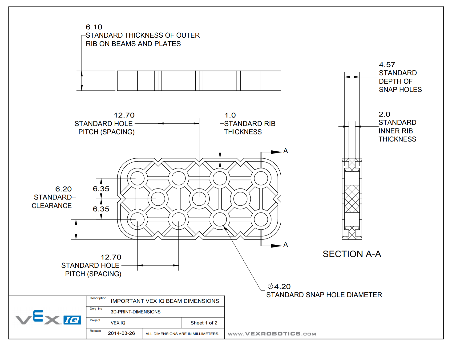 Diagram över en VEX IQ Beam-del med alla dess mått från varje vinkel visade i millimeter.
