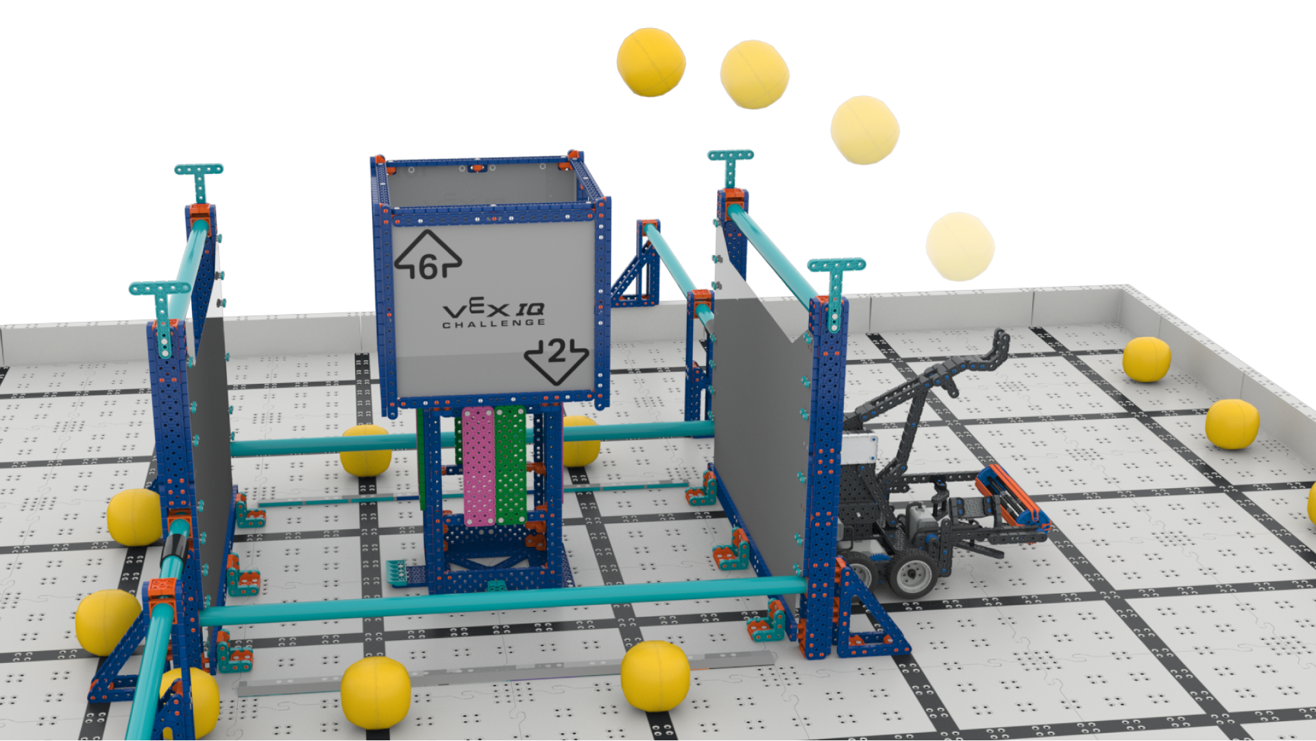 Kastar roboten på spelplanen och gör en boll i det höga målet med sin katapultarm.