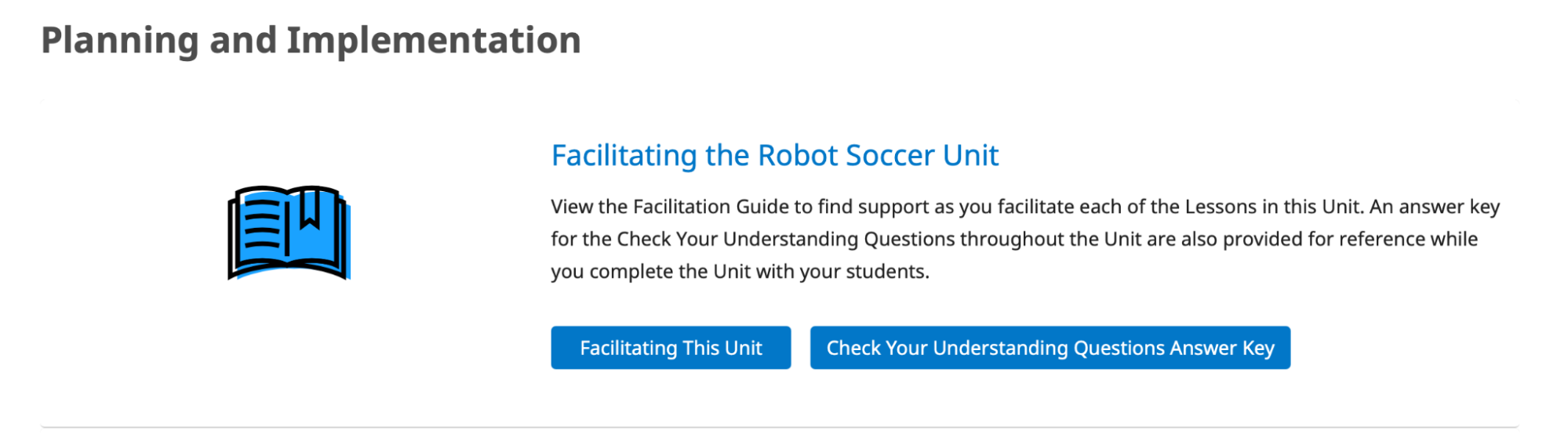 Planerings- och implementeringsavsnittet på sidan för robotfotbollslärare.