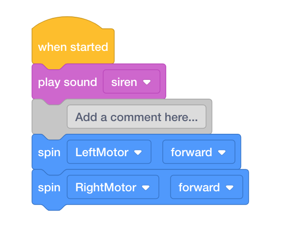 VEXcode IQ-blockerar projektet med ett kommentarsblock som har ett sparat meddelande i textfältet som lyder Lägg till en kommentar här.