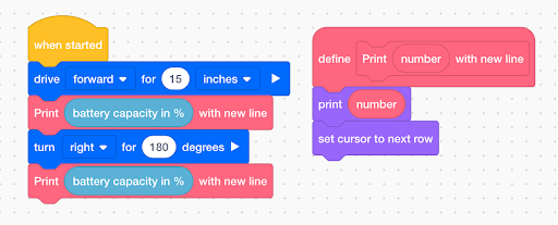 Skriv ut med New Line VEXcode IQ My Blocks Definition-block. Blocket läser Skriv ut nummer med ny rad, och ordet nummer är en numerisk parameter. Stacken har ett Print-block med number-parametern i sitt print-värde följt av ett Next row-block. Bredvid definitionsblocket finns en stack med ett program för att använda blocket. Denna stapel lyder När du startat, kör framåt i 15 tum, skriv ut batterikapaciteten i % med den nya linjen, sväng höger i 180 grader och skriv sedan ut batterikapaciteten i % med den nya linjen.