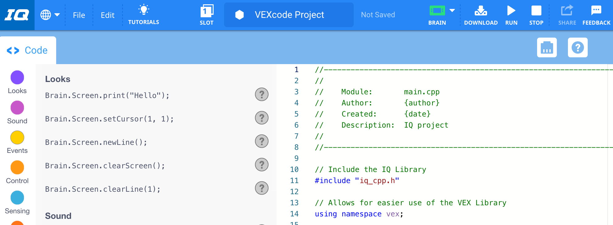 Nytt C++-projekt öppnat i VEXcode IQ.