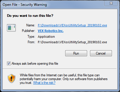Efter nedladdning av VEXos Utility Setup visas en säkerhetsvarning i Windows som lyder Vill du köra den här filen?