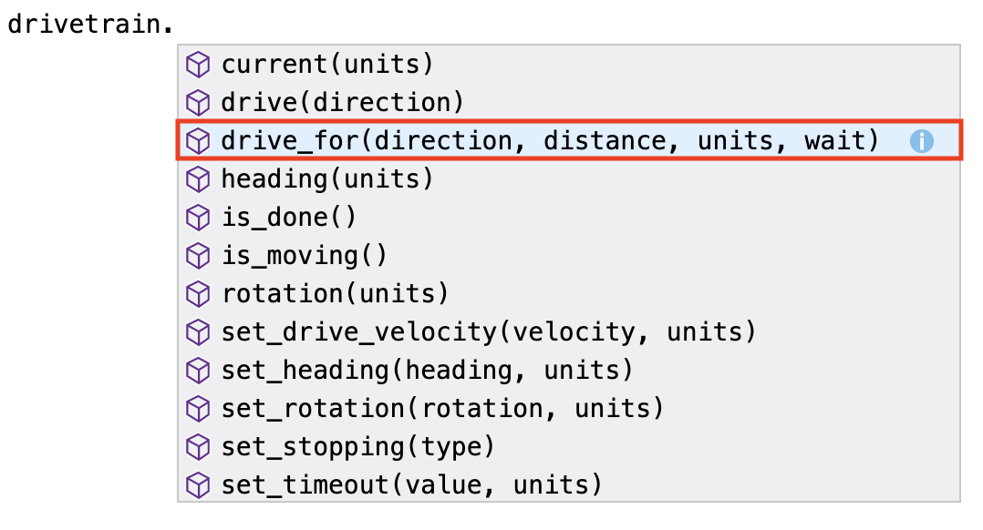 VEXcode IQ Python-arbetsyta med en rullgardinsmeny med föreslagna kommandon. Drivlinans enhet och en punktoperator har skrivits och tangentbordet används för att stega igenom de tillgängliga kommandona. Kommandot Drive For är markerat.