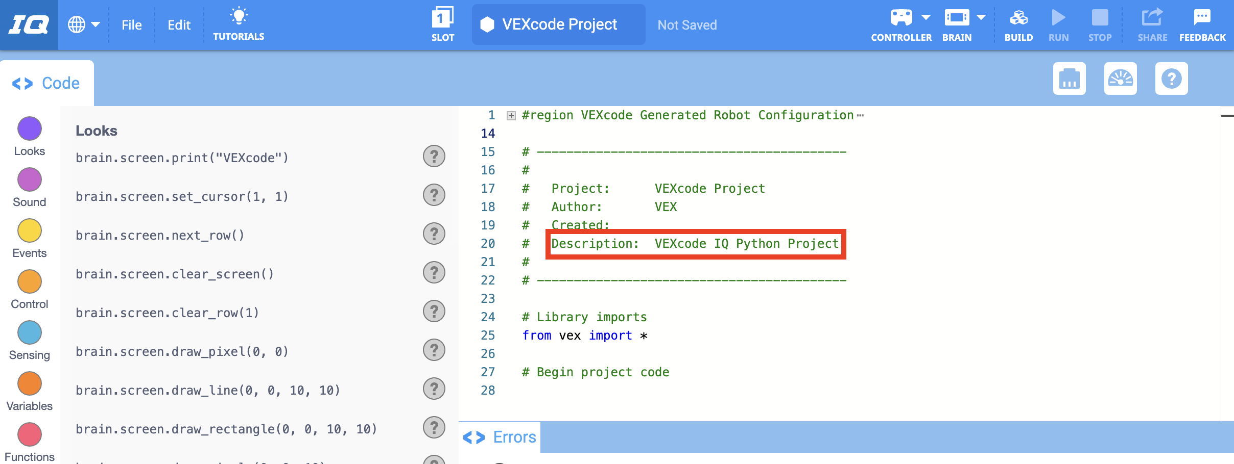 Nytt Python-projekt öppnat i VEXcode IQ. Beskrivningskommentaren är markerad, som standard står det VEXcode IQ Python Project.
