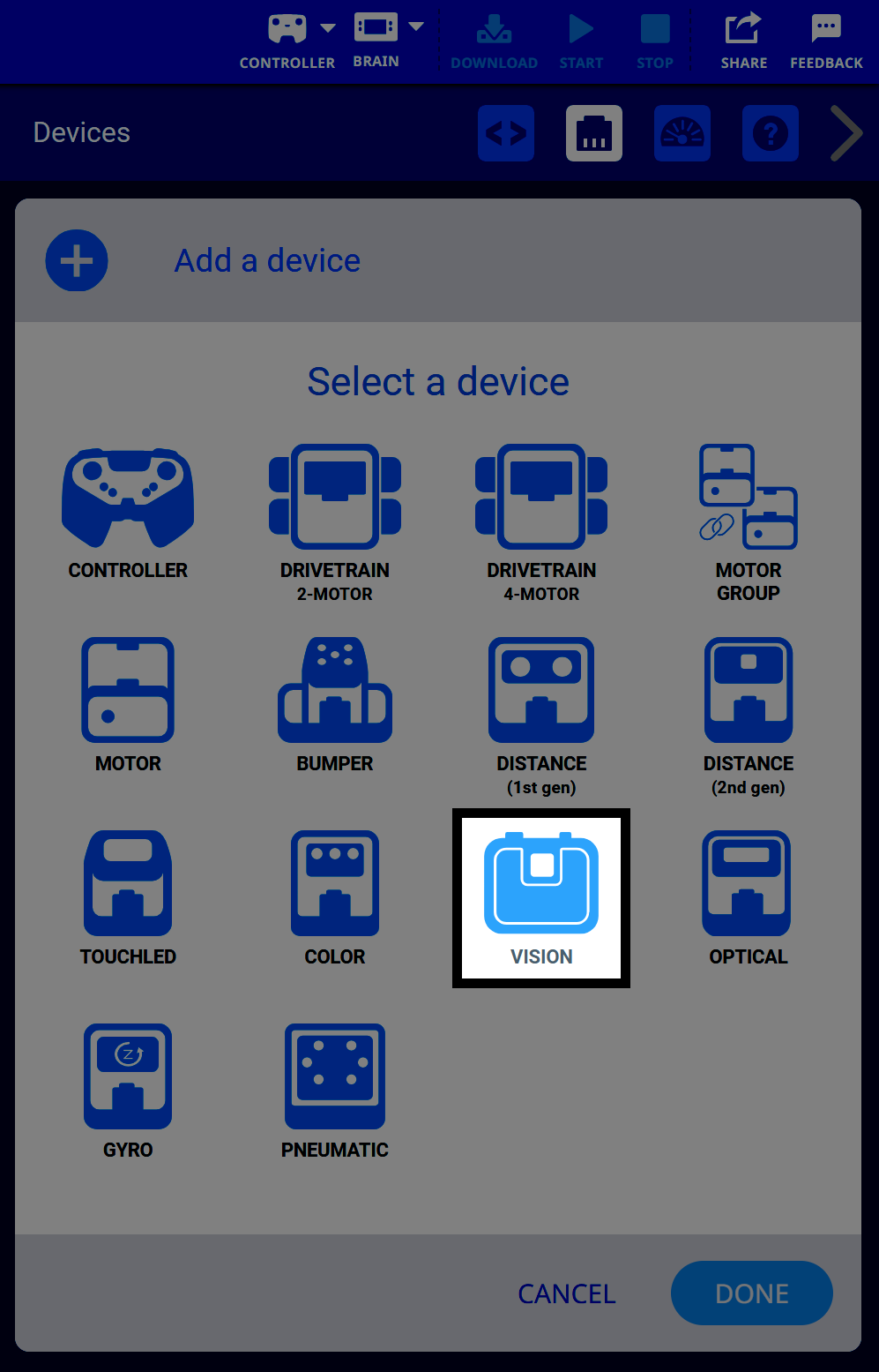 Een scherm voor apparaatselectie in VEXcode IQ met een raster van pictogrammen die de beschikbare apparaten voorstellen. Het pictogram van de Vision Sensor wordt gemarkeerd met een witte rand in het midden onderaan het raster. Andere apparaatpictogrammen zijn onder meer Controller, Aandrijflijn 2-motoren, Aandrijflijn 4-motoren, Motorgroep, Motor, Bumper, Afstand (1e generatie), Afstand (2e generatie), TouchLED, Kleur, Optisch, Gyro en Pneumatisch. In de koptekst van het scherm staat Selecteer een apparaat. Onderaan ziet u de knoppen Annuleren en Gereed.