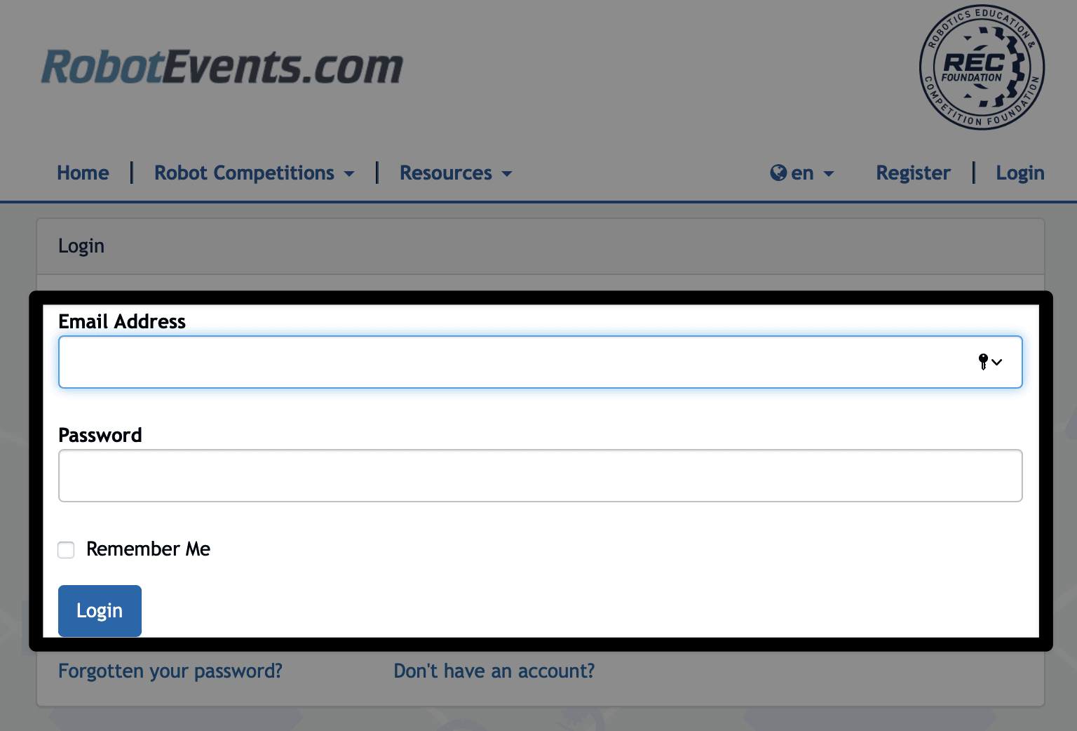 Robot Events web sitesi, E-posta Adresinizi ve Şifrenizi girmeniz gereken giriş alanlarının vurgulandığı şekilde gösterilir. Sol alt köşede mavi bir Giriş butonu var ve o da vurgulanmış durumda.