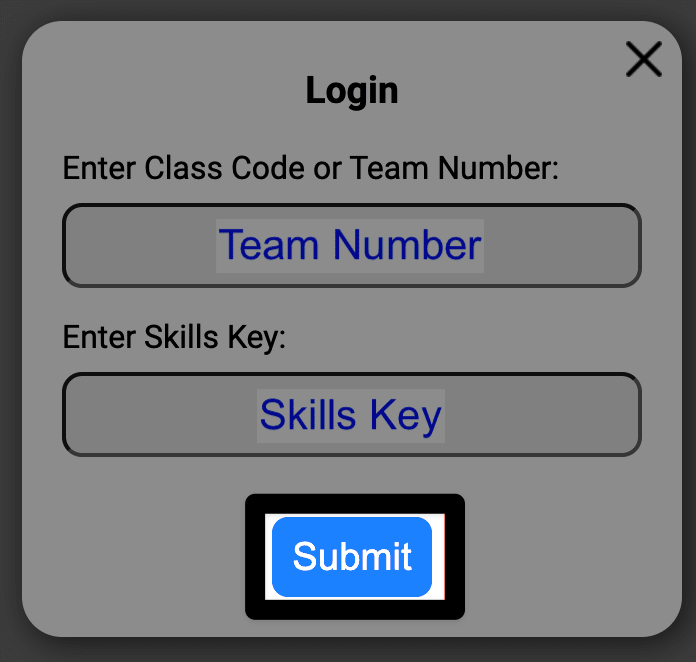 Pedido de login com o Número da Equipa e a Chave de Competências introduzidos. Agora, o botão Enviar está destacado na parte inferior da janela.