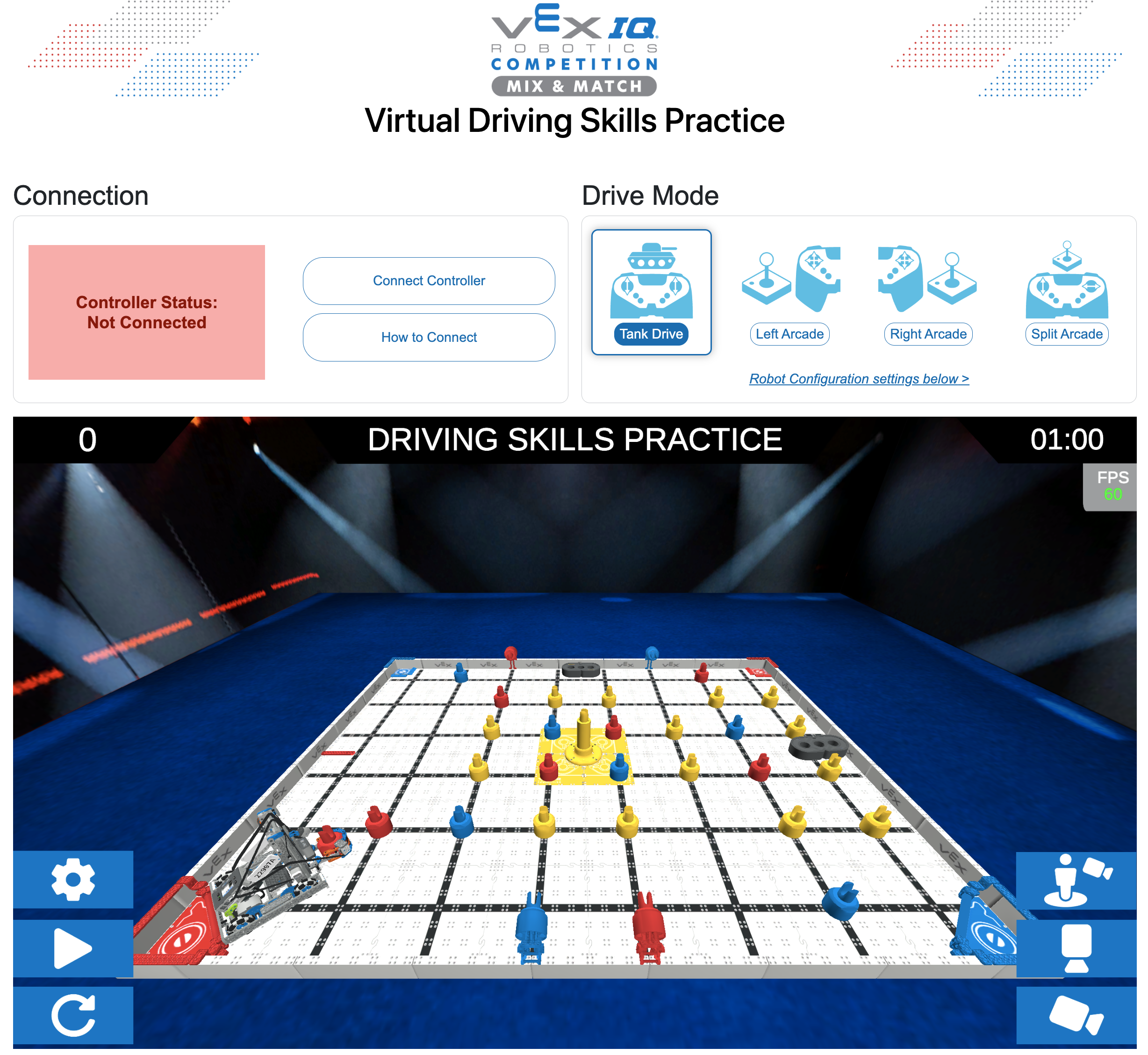 Campo VIQRC Driving Skills Practice ligado e pronto a usar.