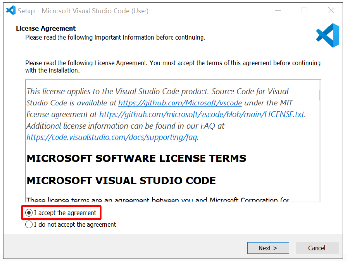 Installationsfönstret för Microsoft VS Code med ett licensavtal som måste godkännas. En knapp är markerad nedan som lyder Jag godkänner avtalet.