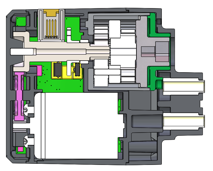 Dissektionsdiagram över V5 Smart Motor (11W) för att visualisera dess interna mekanismer. Varje motorsystem är färgkodat.