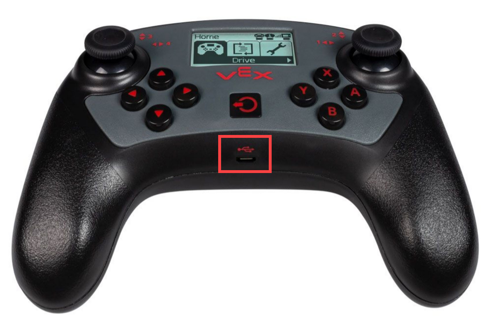 V5-kontrollen med dess mini-USB-port markerad. Denna port används för laddning och trådlös programmering med V5 Robot Brain.