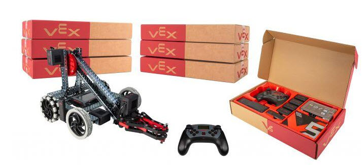 Många VEX V5-kit visas för att indikera att märkning av varje kit kan underlätta organiseringen. Ett kit har öppnats och använts för att bygga en V5 Clawbot.