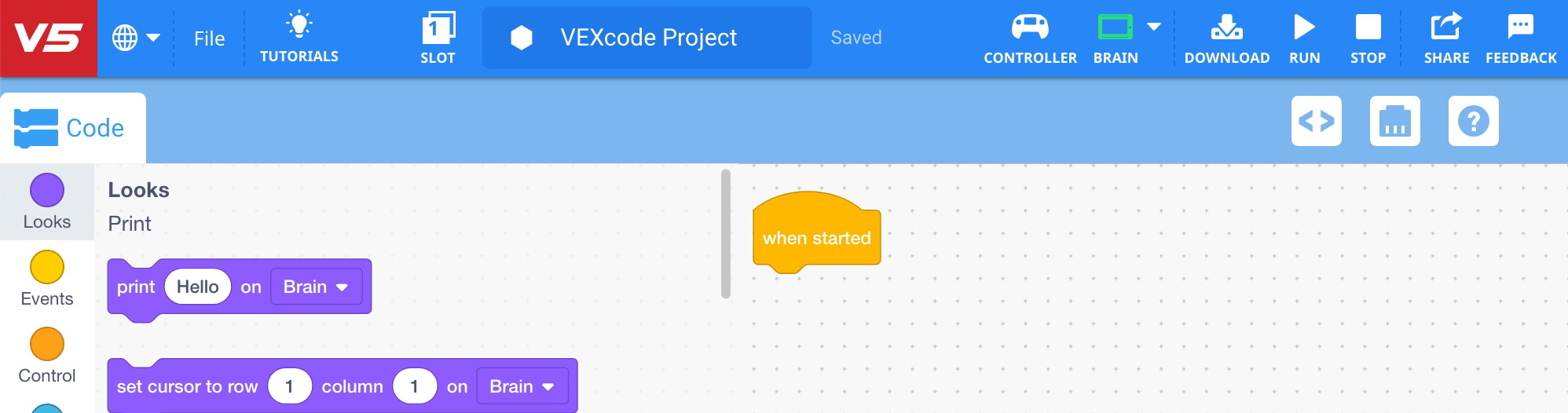 VEXcode V5 med ett tomt Blocks-projekt öppet, det enda blocket i arbetsytan är blocket När startat.