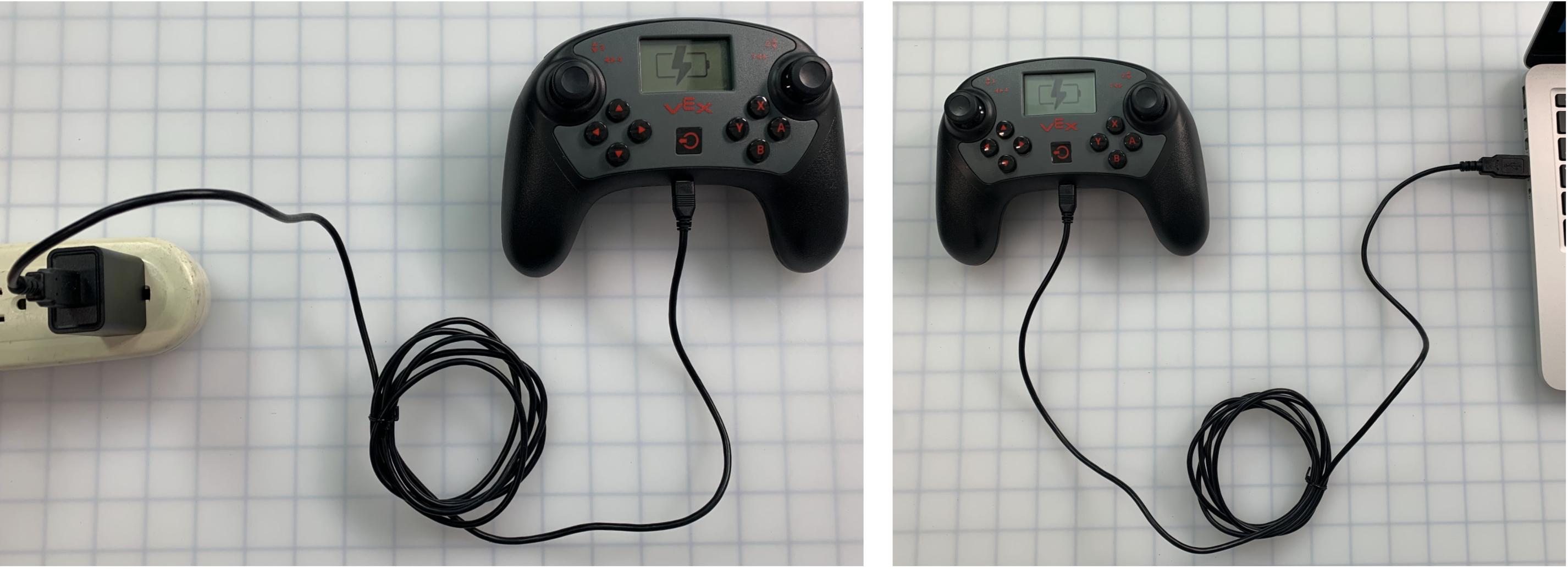 Bilder sida vid sida som visar att det finns två sätt att driva V5-kontrollen. Till vänster visas V5-kontrollen laddad från ett uttag på en grenuttag med en USB-kabel. Till höger är V5-kontrollenheten ansluten till en bärbar dator med en USB-kabel.