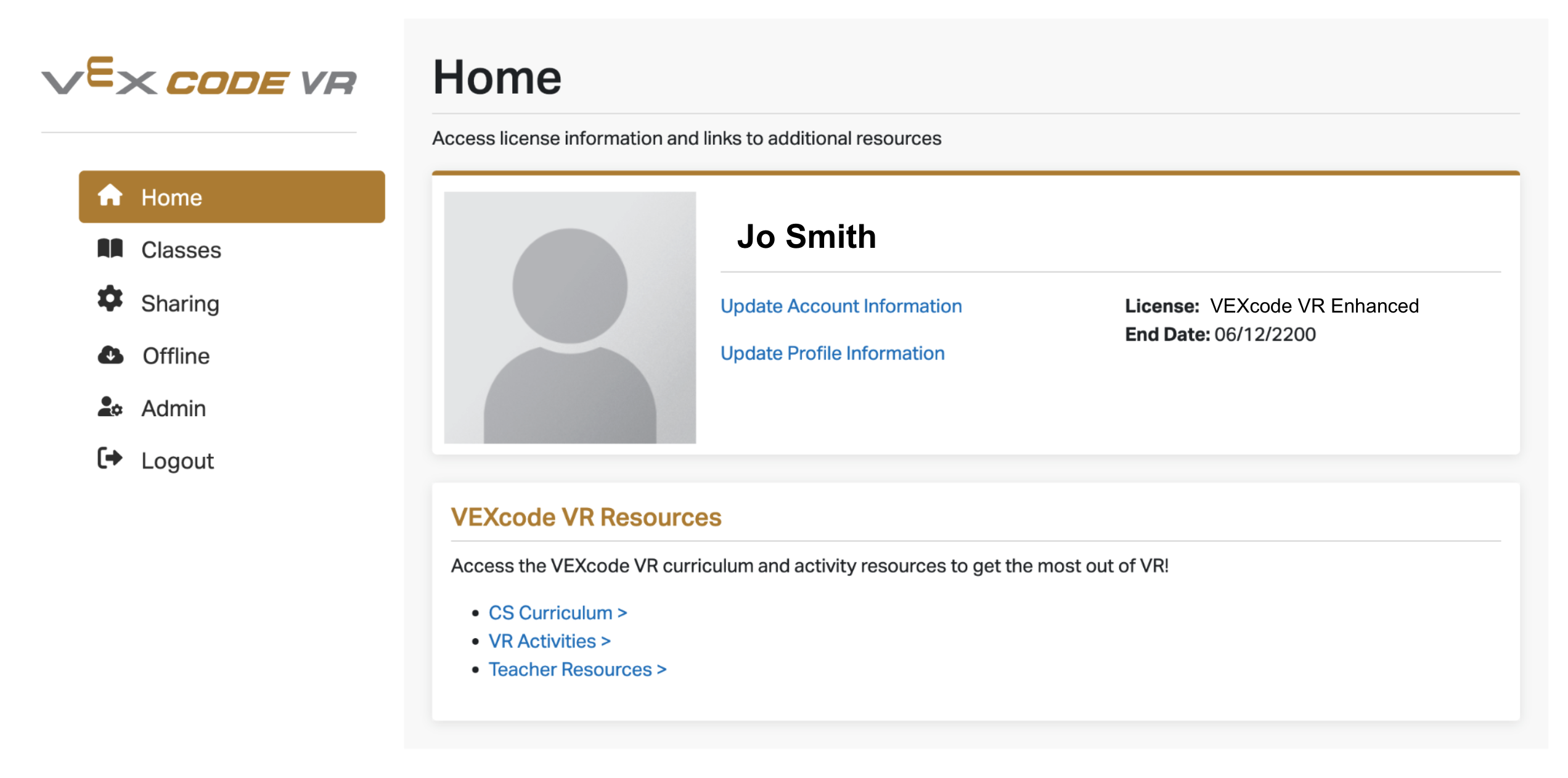 Skärmdump av gränssnittet för VEXcode VR-licenssystemet, som visar alternativ och information relaterad till användarlicensiering för VEXcode VR-programmeringsmiljön, utformad för att lära ut kodningskoncept genom virtuell robotik.