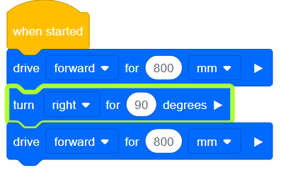 Illustration av en robot som svänger höger i VEXcode VR, som demonstrerar kodningskoncept i en virtuell miljö för utbildningsändamål.