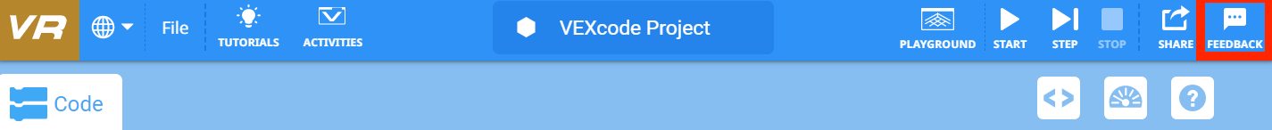 Skärmdump av VEXcode VR Feedback Toolbar, som visar olika kodningsverktyg och alternativ för användare att programmera en virtuell robot, utformad för att förbättra lärandet inom kodning och robotik för elever och lärare.