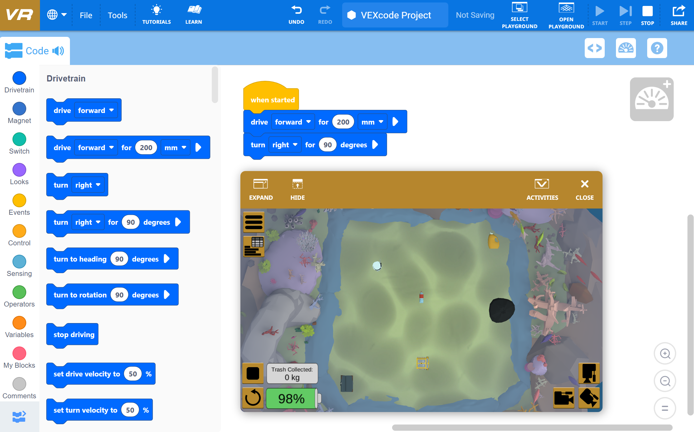シミュレーション ウィンドウには、ゴミ収集ステータスが表示され、Coral Reef Cleanup プレイグラウンドが実行中であることが示されています。
