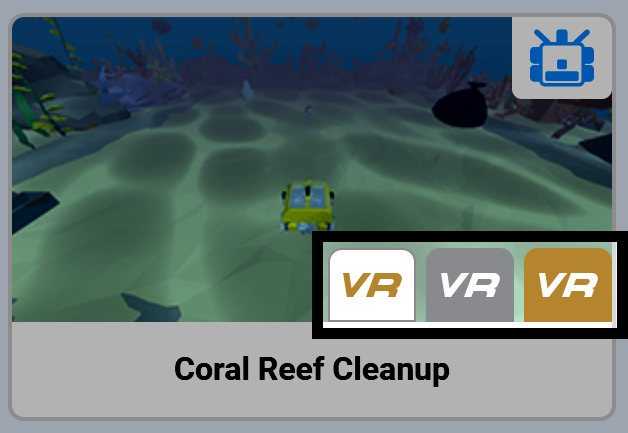 VR лицензия деңгейі белгішелері бөлектелген VEXcode VR жүйесіндегі Coral Reef Cleanup ойын алаңының картасы.