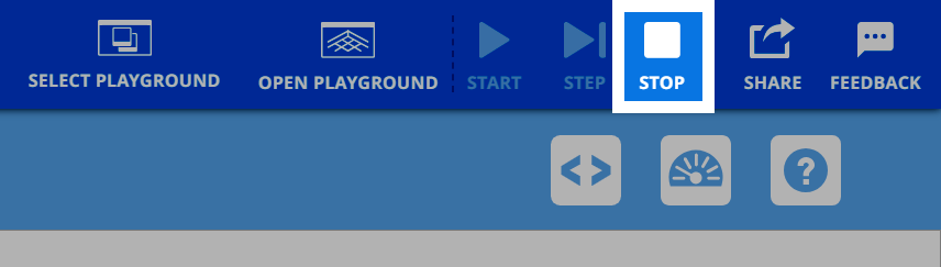 VEXcode VR-Benutzeroberfläche mit hervorgehobenem „Stop“-Button in der oberen Symbolleiste.