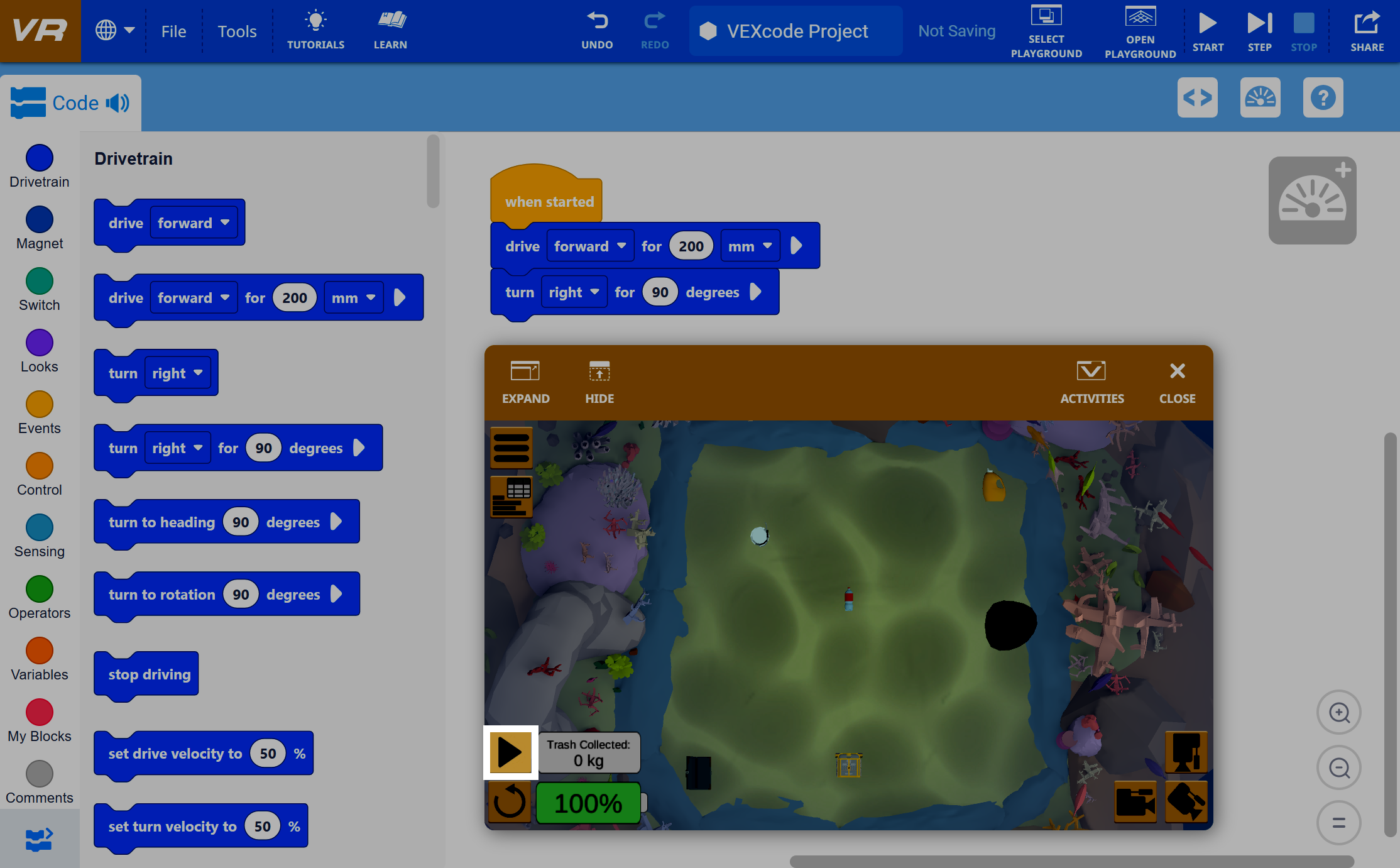 Aire de jeux « Nettoyage des récifs coralliens » avec bouton de jeu en simulation mis en évidence dans le coin inférieur gauche.