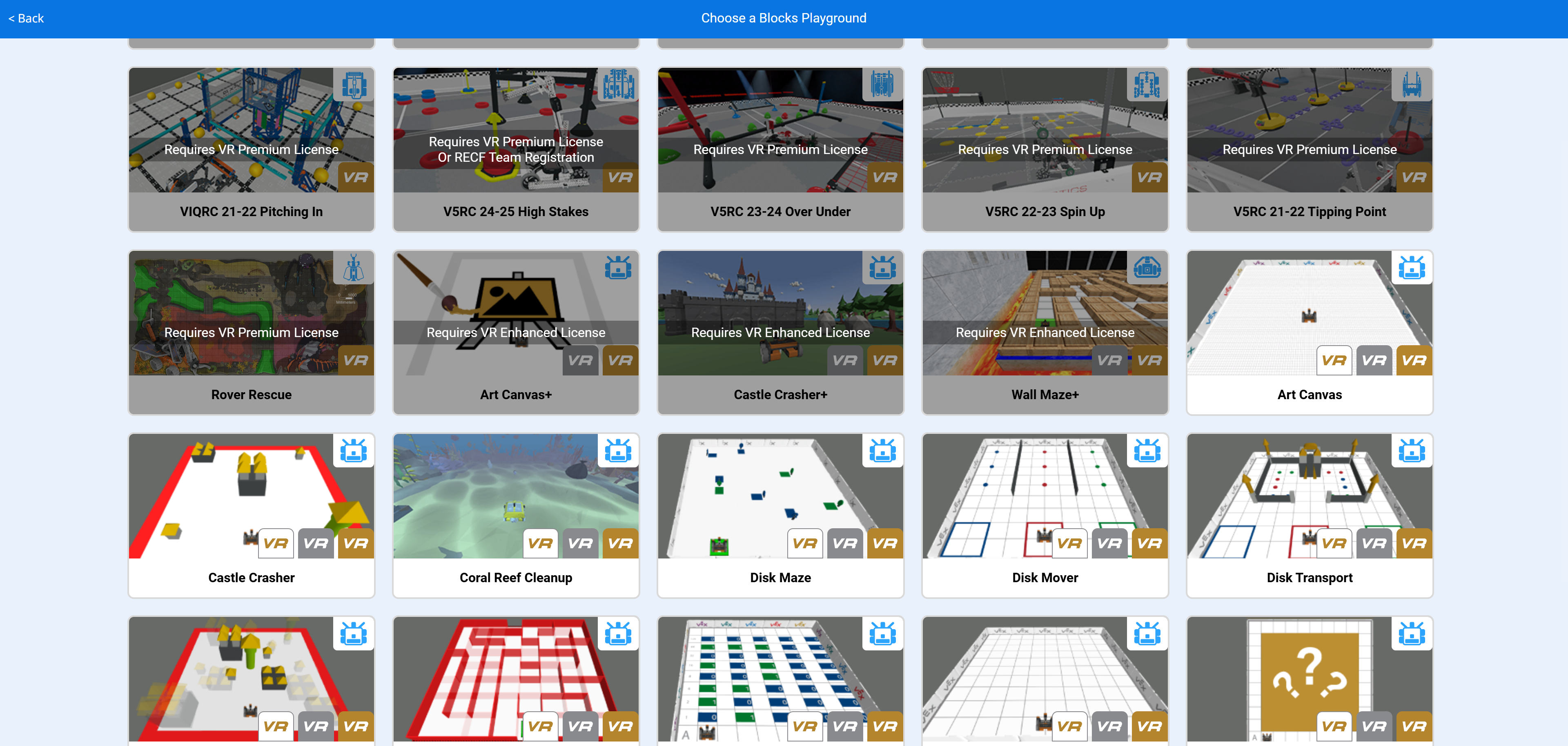 Raster van beschikbare speeltuinen in VEXcode VR met verschillende VR-omgevingsminiaturen en licentielabels.