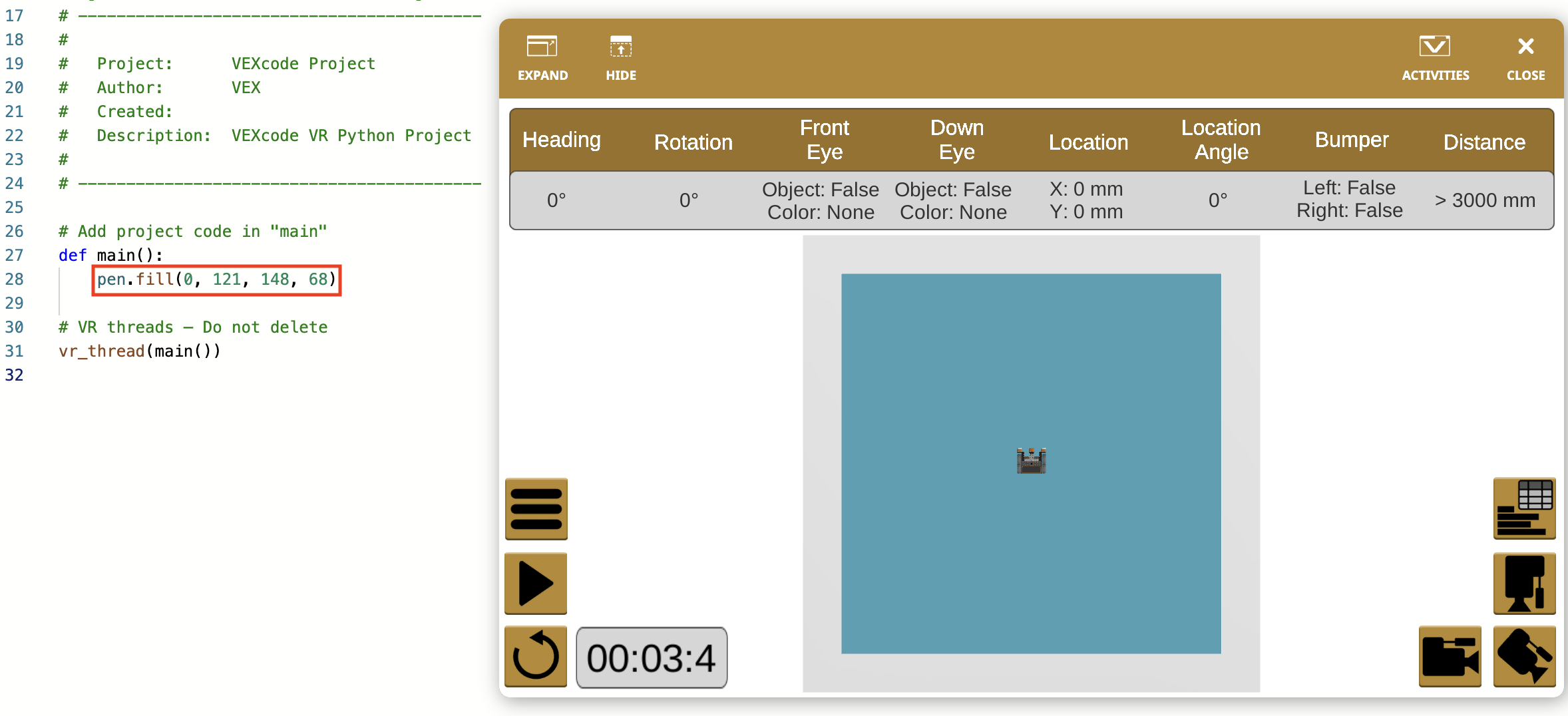 Skärmdump av VEXcode VR-gränssnittet som visar robotfunktioner, inklusive en virtuell robot och kodningsalternativ, utformat för att lära ut kodningskoncept och robotikprinciper i en utbildningsmiljö.