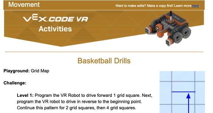 Skärmdump av VEXcode VR-gränssnittet som visar en kodningsaktivitet, med en blockbaserad kodningsmiljö för programmering av en virtuell robot, utformad för att stödja STEM-utbildning och förbättra kodningsfärdigheter för elever och lärare.