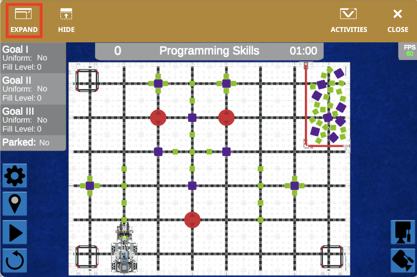 Diagram som illustrerar VIQC Full Volume för säsongen 2023-2024 i VEXcode VR, och visar den virtuella robotens dimensioner och layout för pedagogisk programmering och robotikinlärning.
