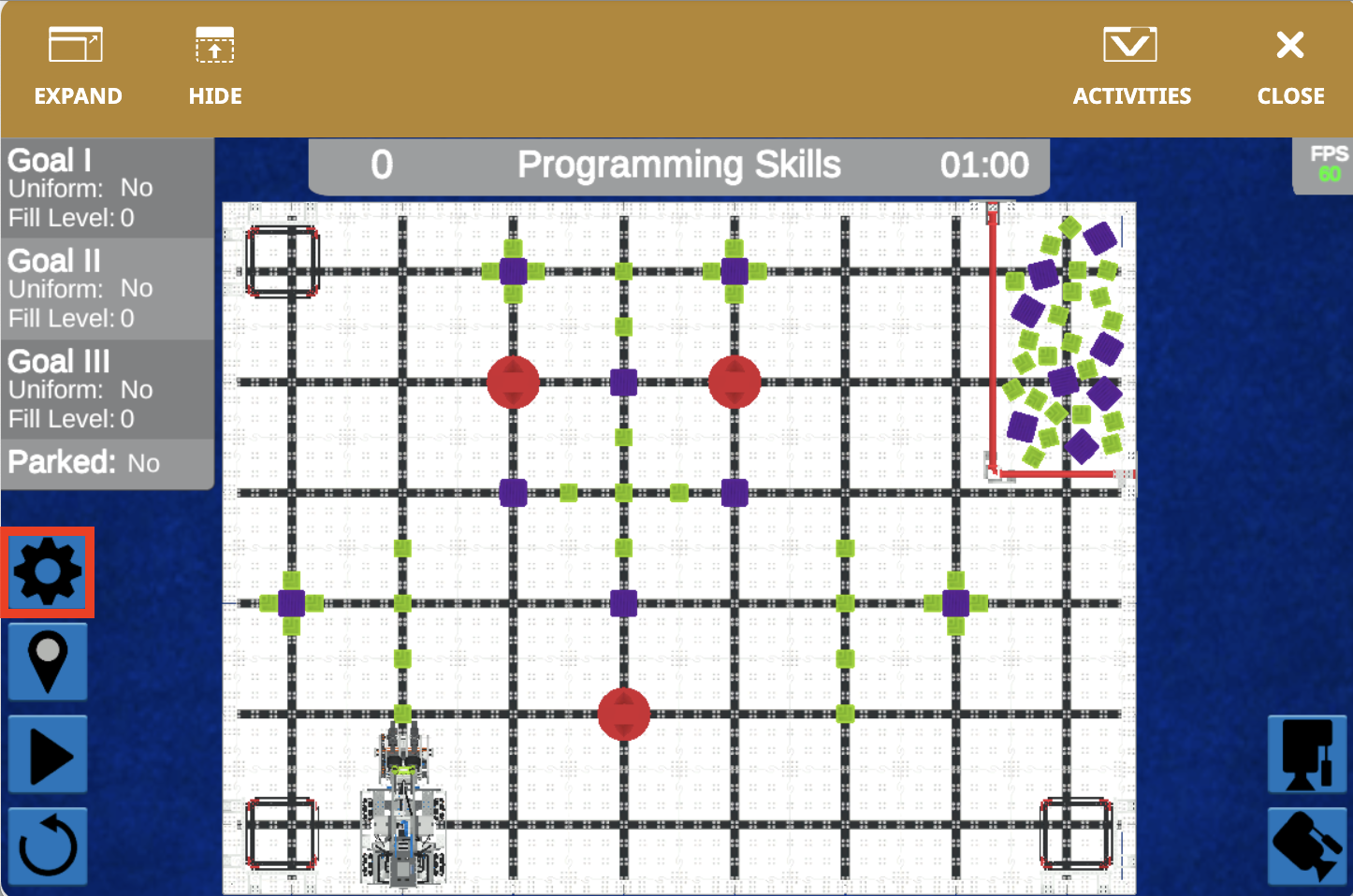 Diagram som illustrerar VIQC Full Volume för säsongen 2023-2024 i VEXcode VR, och visar layout och dimensioner för programmering av en virtuell robot i en simulerad miljö.