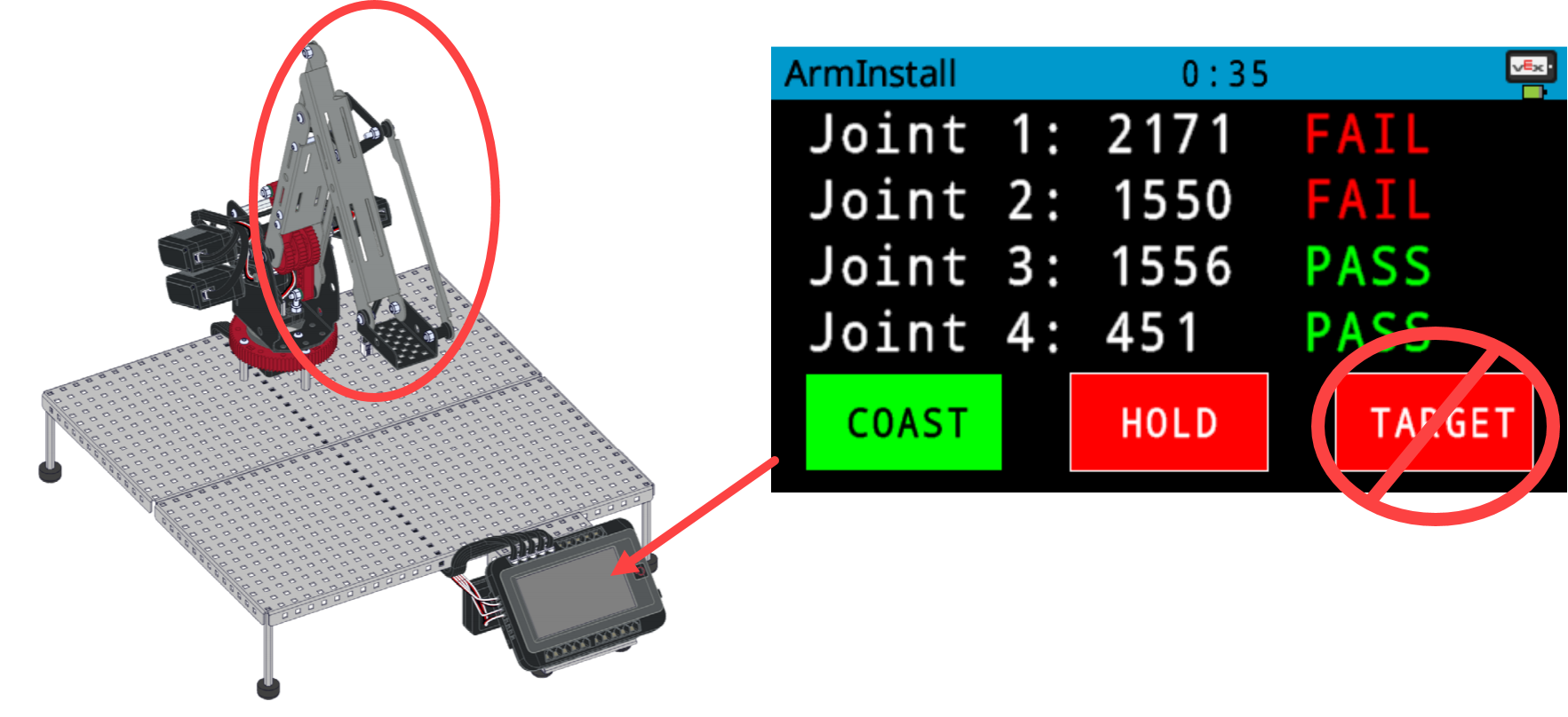 Diagram över V5 Workcell-installationen för yrkes- och teknisk utbildning, som illustrerar arrangemanget av komponenter och anslutningar som krävs för korrekt konfiguration.