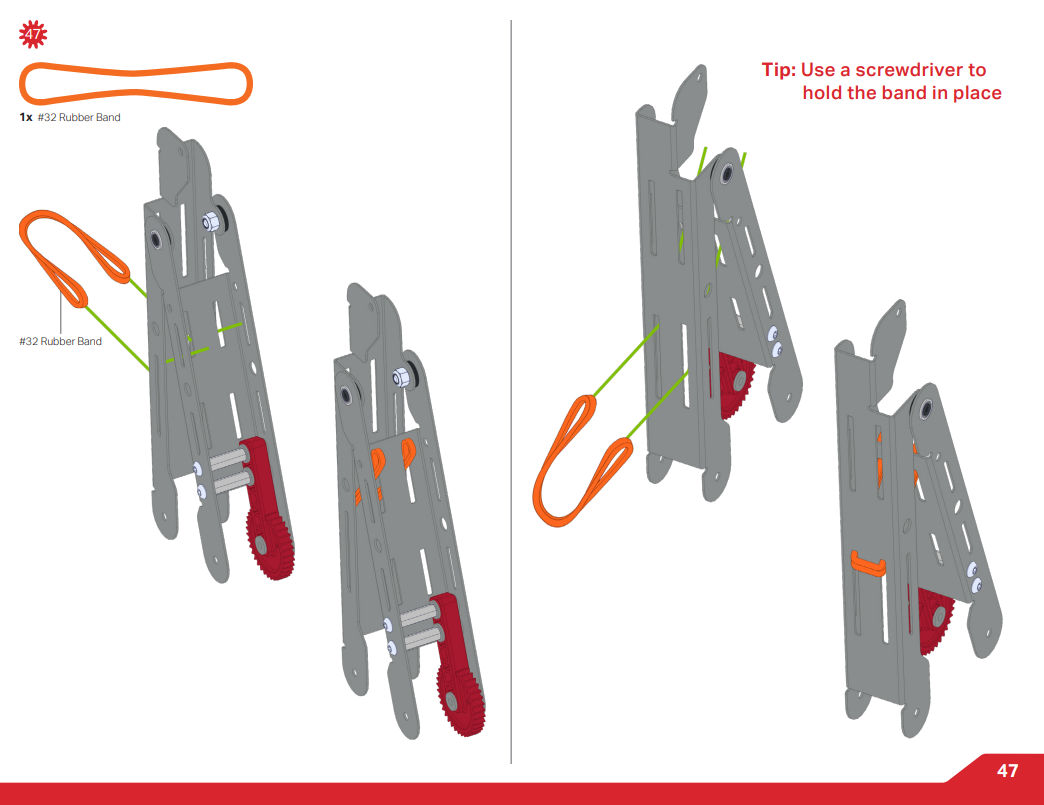Diagram över ett gummibandsstöd för V5 Workcell-uppsättningen i yrkes- och teknisk utbildning, som illustrerar komponenterna och arrangemanget för effektiv användning.