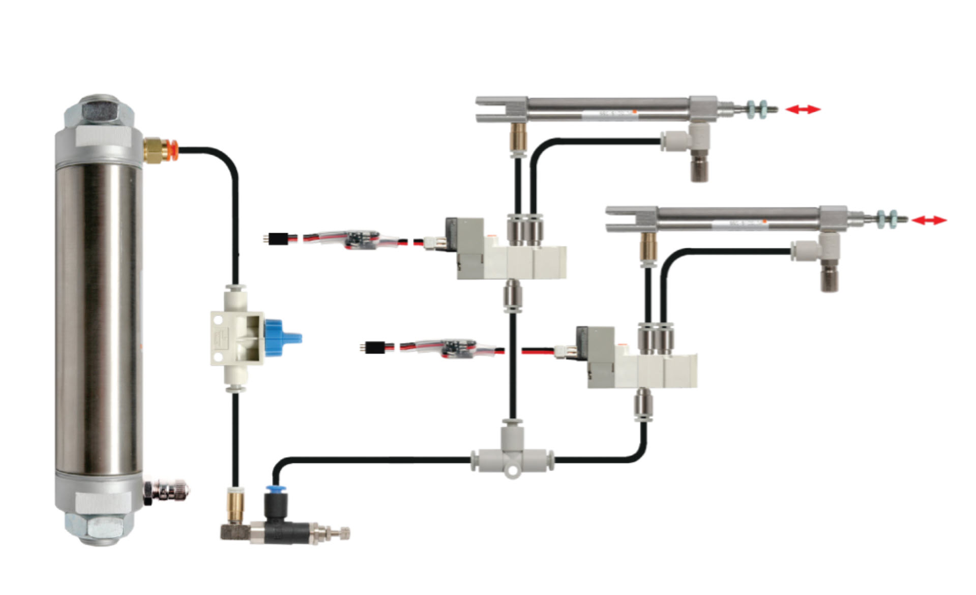Diagram som illustrerar komponenterna och layouten för äldre pneumatik i V5-robotsystem, inklusive ventiler, cylindrar och slanganslutningar.