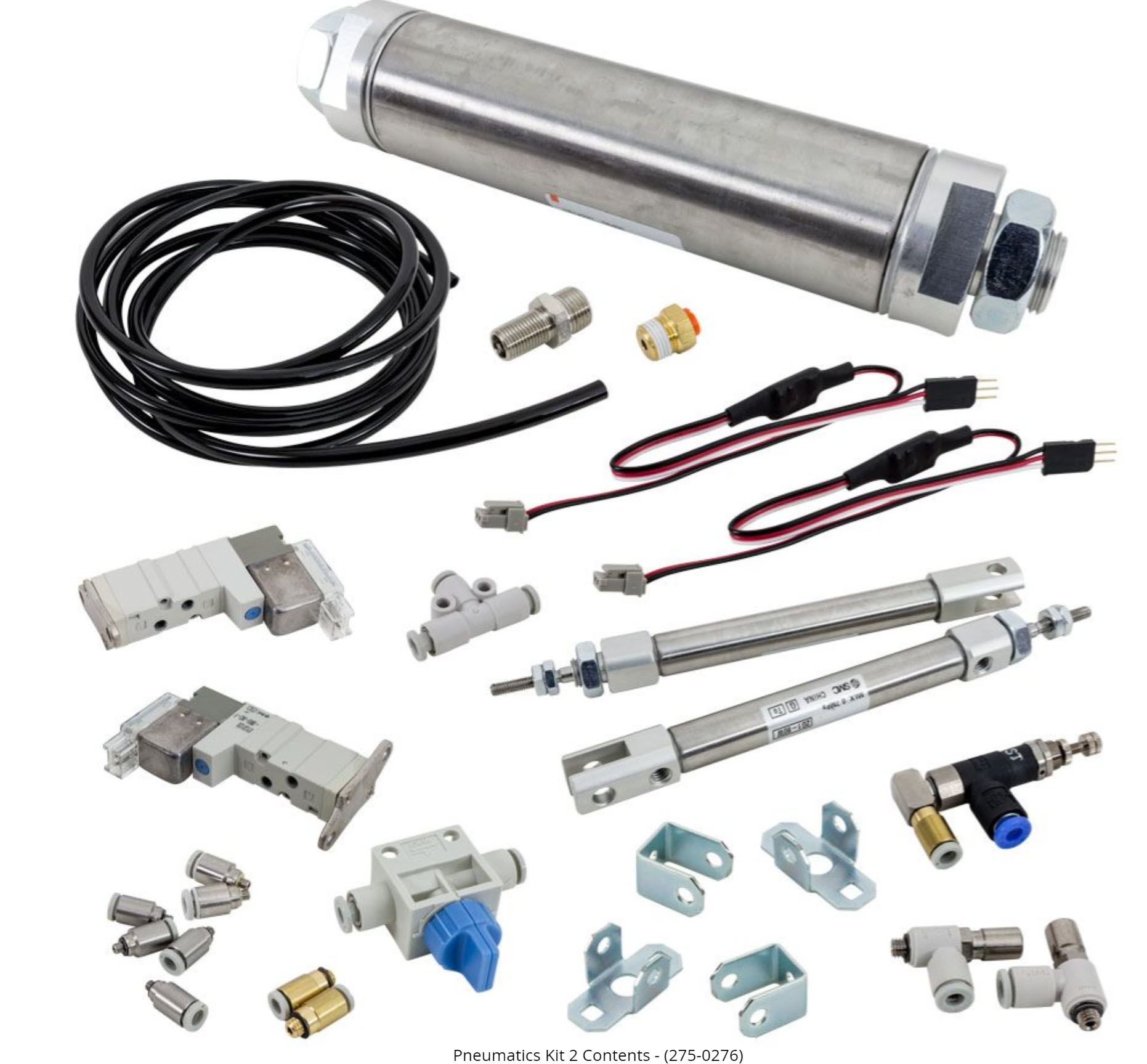 Diagram som illustrerar komponenterna och layouten i V5 Legacy Pneumatics-systemet, med märkta delar och anslutningar för bättre förståelse av systemets funktionalitet.