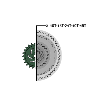 Diagram som jämför de olika standarddrevstorlekarna. Konturerna för varje kedjehjulsstorlek visas koncentriskt för att demonstrera skillnaderna i storlek och kuggantal.