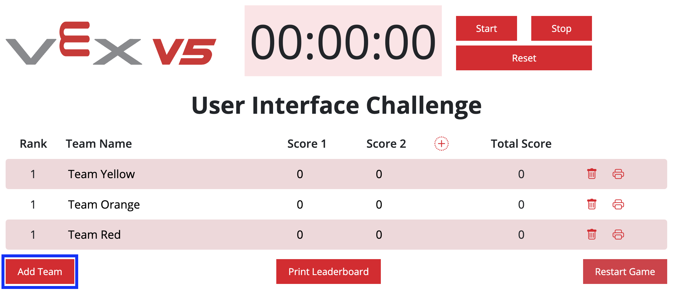 VEX V5-topplista med knappen Lägg till lag markerad i det nedre vänstra hörnet.